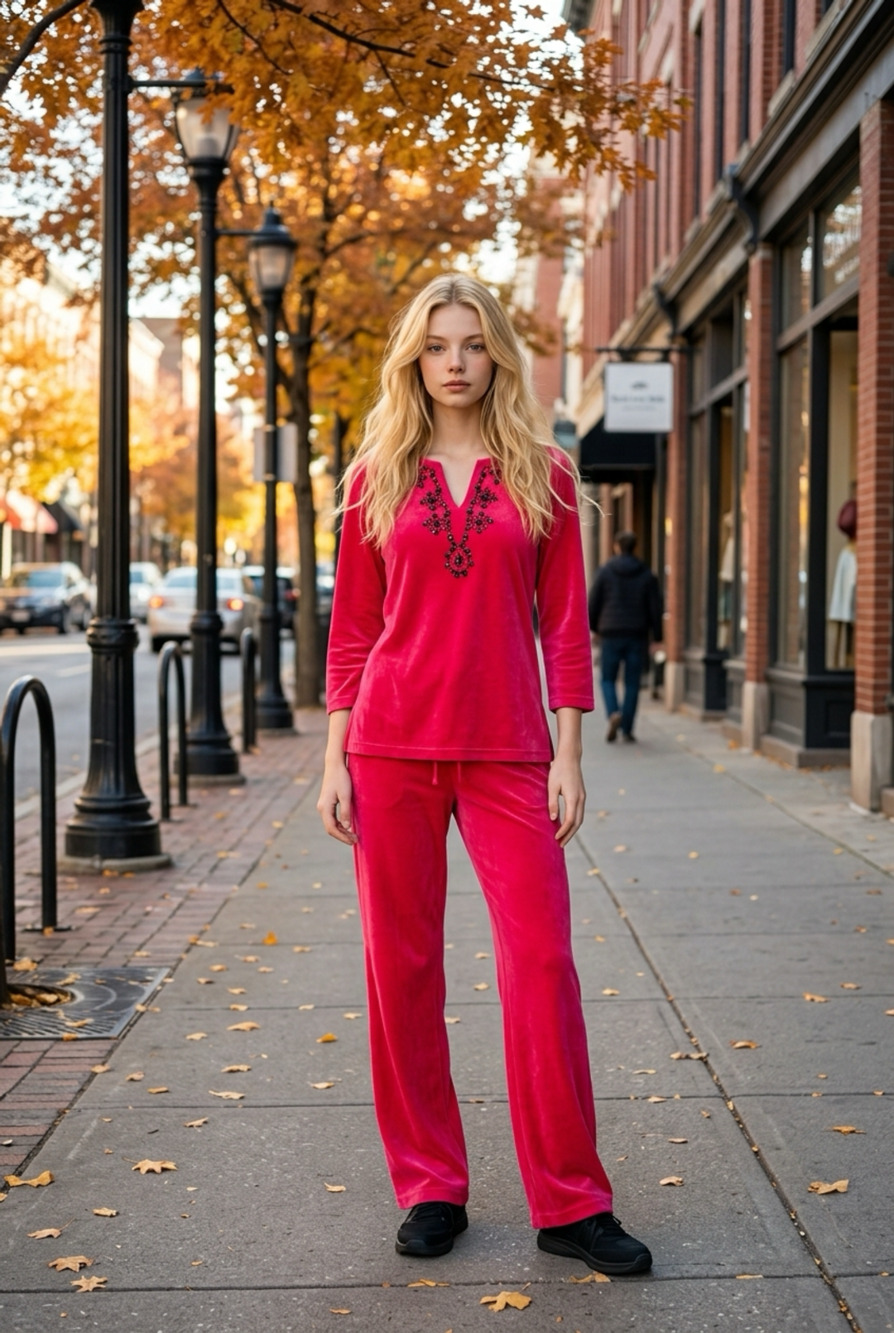 JM Collection Velour Top and Pants Set Size M Red Beaded Trim Loungewear